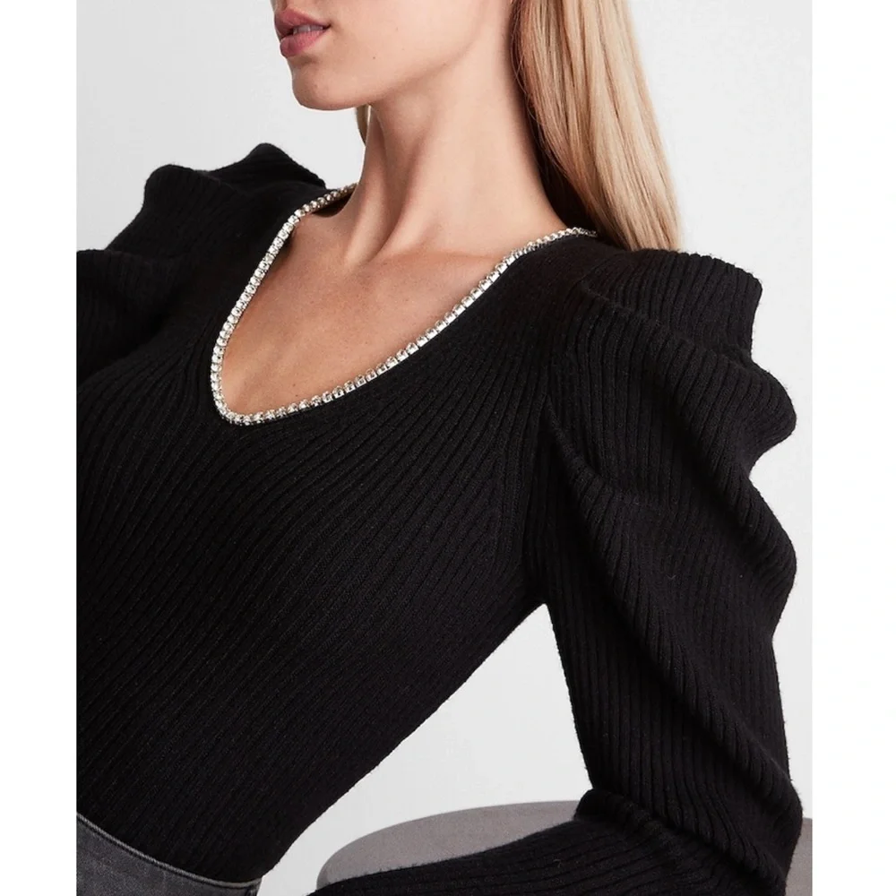 NWT Express Embellished V-Neck Puff Sleeve Sweater